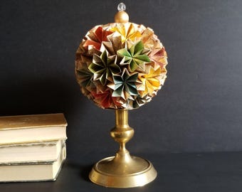 Colorful Paper Globe Topiary on Brass Pedestal - 12" Tall Origami Kusudama Ball Sculpture