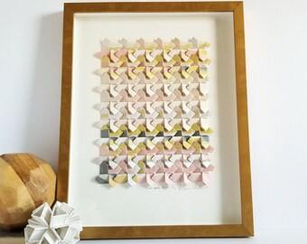 Origami Abstract Landscape Painting - 15x19" Gold Framed Modern Geometric Art - Pink Origami Collage Art