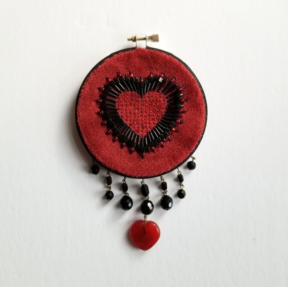 Beaded Red Velvet Embroidery Hoop Art w Black Heart & Fringe - Love Wall Decor
