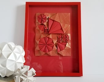 Red Origami Art - 13x17" Framed Metallic Gold Fibonacci Spiral Art
