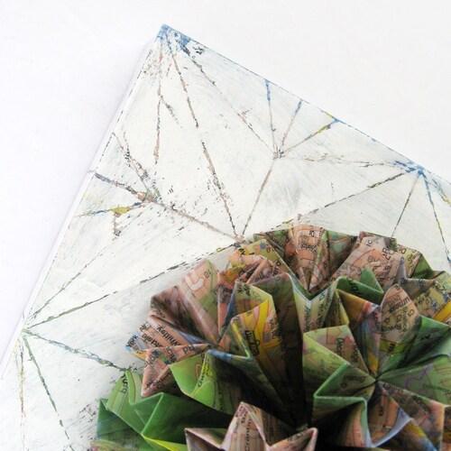 Origami Art Panel No10c retailer - Kusudama Globe Wall Sculpture - Mixed Media Map Paper Collage Art on 6x6