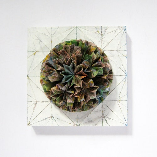 Origami Art Panel No10c retailer - Kusudama Globe Wall Sculpture - Mixed Media Map Paper Collage Art on 6x6