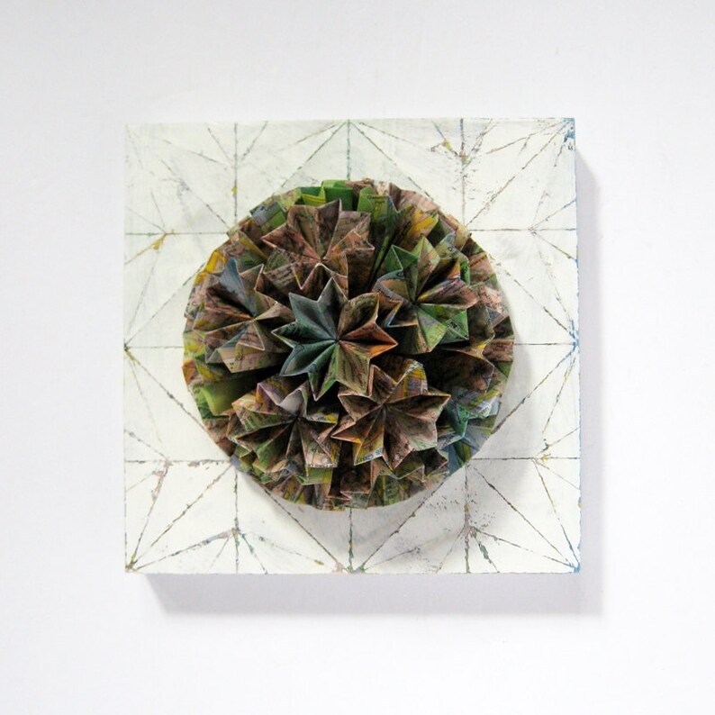 Origami Art Panel No10c retailer - Kusudama Globe Wall Sculpture - Mixed Media Map Paper Collage Art on 6x6
