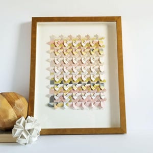 Origami Abstract Landscape Painting - 15x19&quot; Gold Framed Modern Geometric Art - Pink Origami Collage Art