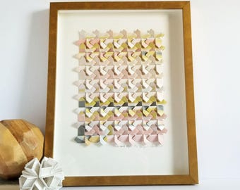 Origami Abstract Landscape Painting - 15x19" Gold Framed Modern Geometric Art - Pink Paper Collage Art
