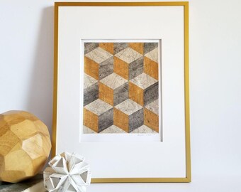 Gold Tumbling Blocks Book Paper Collage Art - Alice in Wonderland Reconstructed No1x