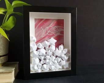 Yes or No? - Framed Origami Paper Stars - Interactive 6x8" Black Shadow Box Art - Embroidered Typography Art on Red Lenticular Card