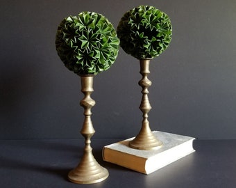 Pair of Green Paper Topiary Sculptures on Brass Pedestals - 12" Tall Globe Sculptures - Paper Ball of Stars - Origami Kusudama Balls