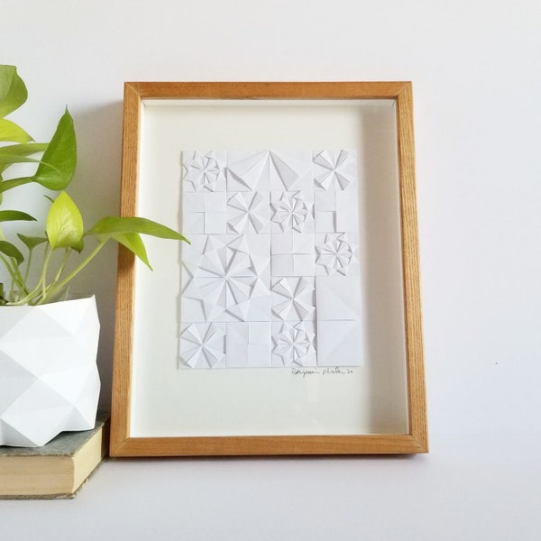 X+O Origami Paper Collage - White or Ivory Origami Art w Shadow Box Frame Option - Minimalist Modern Abstract Art