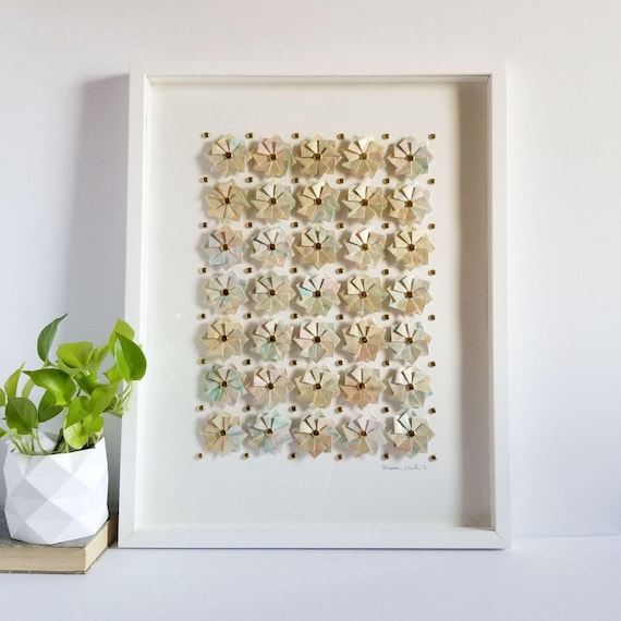 Graffiti Garden Origami Flower Art - 18x23" White Framed Metallic Gold Pastel Art