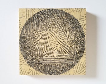 Ombre Circle - Geometric Drawing & Book Paper Collage on Wood Panel - 6x6" Square Art Tile - Black and White Minimalist Art