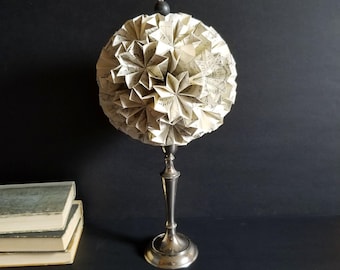 Paper Globe of Stars on Silver Pedestal - 17.25" Tall Origami Kusudama Ball Sculpture