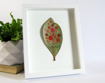 Flower Embroidery Art on Real Magnolia Leaf - 9x11" Framed Original Botanical Art - Red Flower Garden Landscape