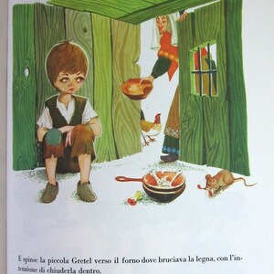 May include: A young boy sits on the floor with a worried expression. He is wearing a brown shirt and blue trousers. A woman in a red and white dress is standing in the doorway, holding a bowl. A chicken is in the background. The scene is set in a wooden room with a green door.