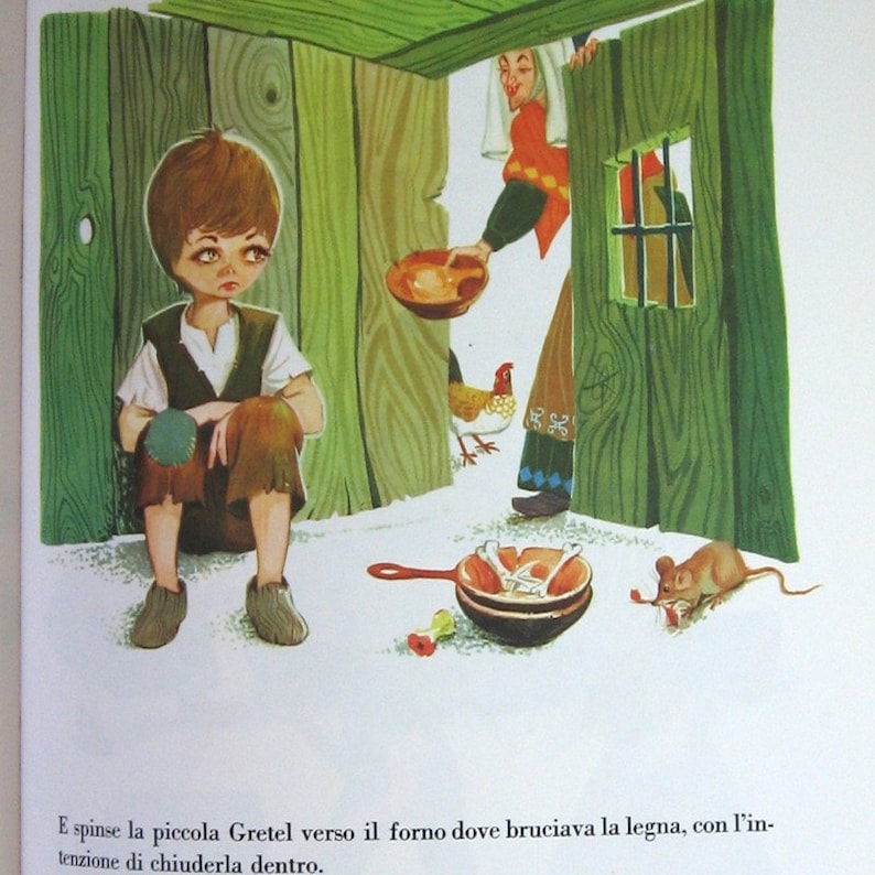 May include: A young boy sits on the floor with a worried expression. He is wearing a brown shirt and blue trousers. A woman in a red and white dress is standing in the doorway, holding a bowl. A chicken is in the background. The scene is set in a wooden room with a green door.