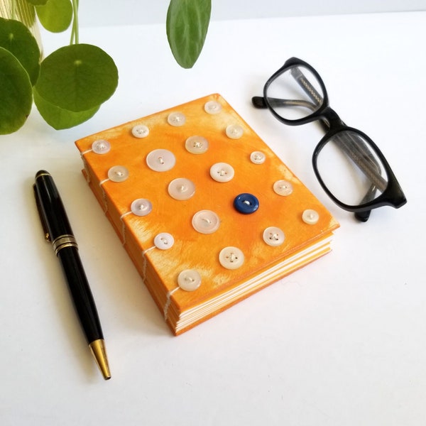 Orange Pop Art Book w Vintage Button Art Cover - Blank Coptic Stitched Hardcover Book - 240 Page Journal
