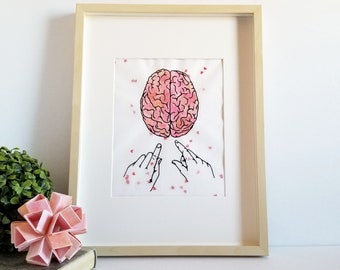 Love on the Brain Print - Pink and Red Watercolor Painting on Black Screenprint - Mixed Media Modern Love Art
