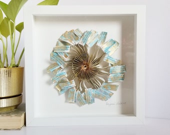 Recycled Book Paper Flower Sculpture - 10" Square Framed Blue & White Shadow Box Art