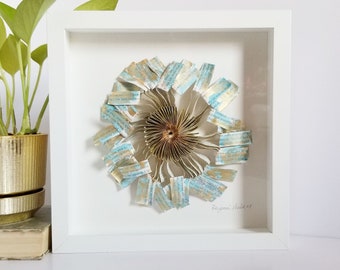 Blue Book Flower - Recycled Book Paper Cog Sculpture - 10 x 10" Framed White Shadow Box Art - Abstract Gold Wildflower