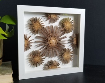 Gold Paper Cogs Sculpture in 8.75" Square White Shadow Box Frame - Folded Book Paper Art