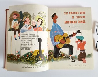 The Fireside Book of Favorite American Songs - Vintage Illustrated Hardcover Sheet Music Book for Piano - Folk Music Songbook