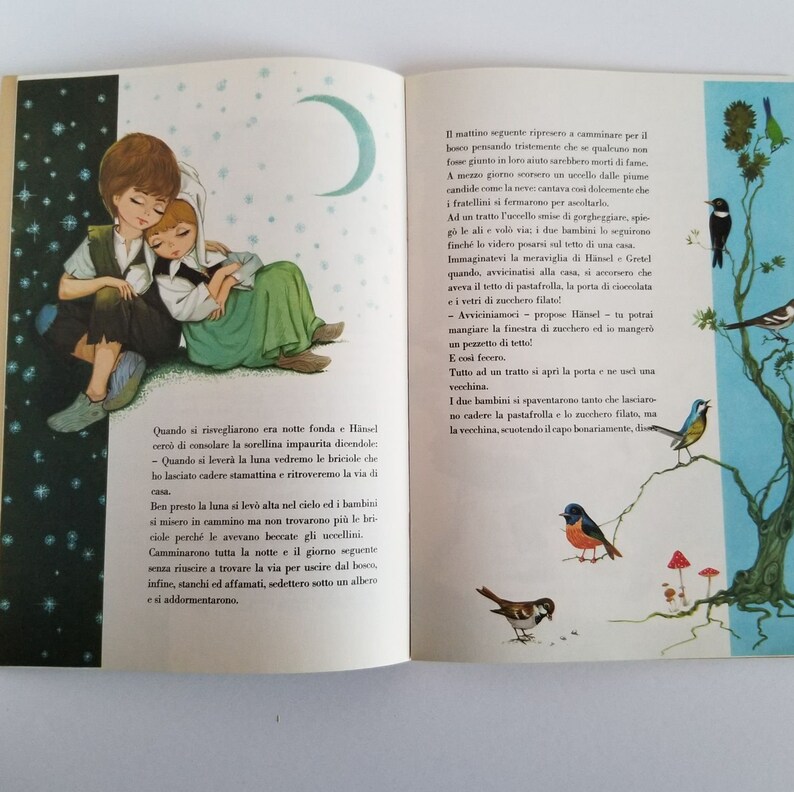 May include: A vintage children's book illustration showing a young boy and girl asleep under a crescent moon. The illustration is set against a blue sky with birds and mushrooms.