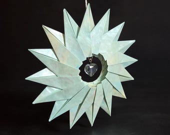 Blue Compass Star Ornament w Crystal Heart Pendant - 6.75" Painted Paper Origami Sculpture