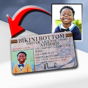 Puede incluir: Una licencia de conducir de fantasía de Fondo de Bikini con el nombre Noah, dirección 124 Conch St. y fecha de nacimiento 07-14-86. La tarjeta muestra la foto de un niño sonriente con suéter amarillo y pajarita azul, con una flecha roja.