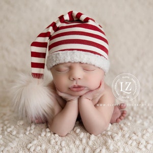 Newborn Photo Outfit - Red Ivory Striped Faux Fur Trimmed Sleepy Hat - Photo Prop - READY TO SHIP