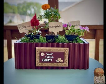 Może przedstawiać: Prostokątna, karbowana donica w kolorze ciemnego bordo z centralnie umieszczoną złotą ramką z napisem "Nan's Little Garden". Wewnątrz znajdują się trzy czarne doniczki z czerwoną celozją, pomarańczowymi aksamitkami i różowymi niecierpkami.