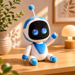 Puede incluir: Un juguete de peluche con forma de robot en azul, blanco y negro. El robot tiene grandes ojos azules brillantes y una pequeña antena. Está sentado sobre una superficie de madera, con un brazo levantado. El juguete tiene formas suaves y redondeadas.