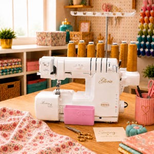 Könnte beinhalten: Eine weiße Baby Lock Gloria Overlock-Nähmaschine mit goldenen Garnrollen, einem rosa Aufbewahrungsbehälter und dem Schriftzug Revolution Air und Gloria auf dem Gehäuse. Die Maschine steht auf einer Holzoberfläche mit Schere und Karte.