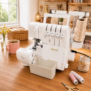 Könnte beinhalten: Eine weiße Baby Lock Enspire Overlock-Nähmaschine mit vier beigen Garnrollen, einem integrierten Abfallbehälter und Spannungseinstellrädern. Die Maschine trägt die Aufschrift Baby Lock und Enspire auf der Vorderseite und hat ein Jet Air System.