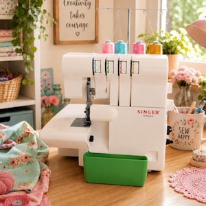 Könnte beinhalten: Eine weiße Singer Ultralock Overlock-Nähmaschine mit vier Garnrollen in Pink, Blau, Pink und Gelb sowie einem grünen Kunststoff-Abfallbehälter an der Vorderseite. Die Maschine verfügt über nummerierte Spannungsscheiben und einen Metallfadenhalter.