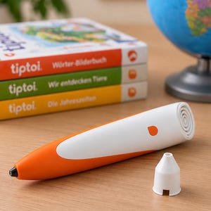 Könnte beinhalten: Ein weiß-oranger interaktiver Digitalstift mit schwarzer Spitze und einem kleinen orangen Knopf an der Seite. Eine separate weiße, konische Kappe mit einer kleinen rechteckigen Aussparung an der Basis liegt neben dem Stift auf der Oberfläche.