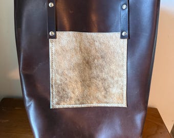Handcrafted Leather Tote Bag with Genuine Cowhide Pocket, Western Rustic Shoulder Bag, Artisan Brown Full Grain Leather Purse, Gift for Her