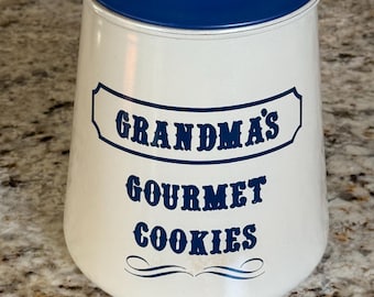 Vintage Bartlett Collins Grandma's Gourmet Cookies Glass Cookie Jar Blue Lid, Vintage Cookie Jar, Grandma’s Cookie Jar, Bartlett Collins