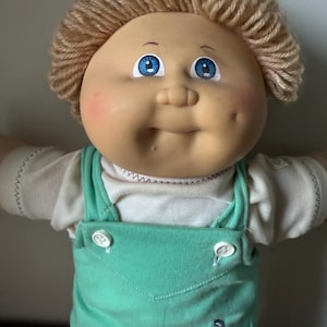 Vintage 1985 Cabbage Patch Kid Boy Doll with Blue Signature, Head Mold 2 Brat Face Coleco CPK, Original Elephant Romper Shoes and Diaper
