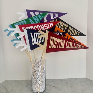 May include: A collection of triangular felt pennants in various colors including purple, green, red, navy, black, orange, and maroon, each attached to a wooden stick. The pennants feature text such as NYU, Tulane, Wisconsin, Middlebury, West Point, and Boston College.