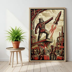 The Launchpad Robot Poster Digital Download, Printable Retro Sci-Fi Wall Art, Vintage Space Rocket Print, Robot Propaganda Poster, AI Decor
