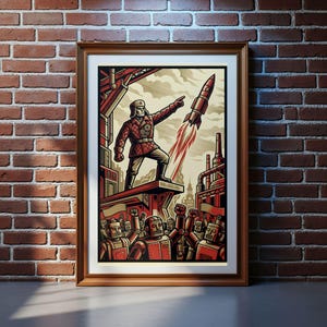 May include: A framed poster featuring a stylized illustration of a robot in a quilted jacket standing on a platform, pointing toward a launching rocket. Below, a crowd of robots with raised arms watches. The color palette includes red, cream, and black.