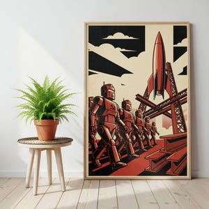 The Launchpad Robot Propaganda Poster Print, Retro Sci-Fi Rocket Wall Art, Vintage Space Robot Decor, Soviet Futurism, AI Art, Geek Gift