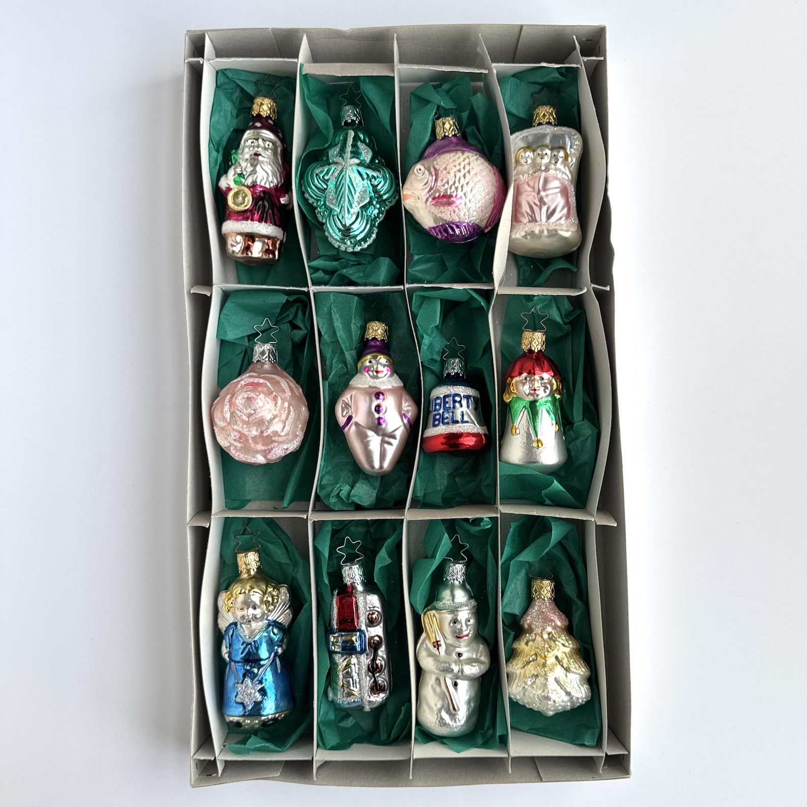 Vintage Old World Christmas Inge-Glas Figural Ornament Set of 12, Made in Germany, Santa Angel Snowman Clown Train, Original Box