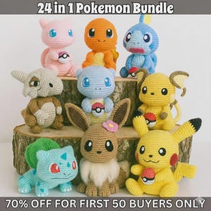 May include: A collection of nine crocheted plush toys featuring various characters, including a pink Mew, orange Charmander, blue Sobble, grey Cubone, light blue Squirtle, yellow Raichu, green Bulbasaur, brown Eevee, and yellow Pikachu.