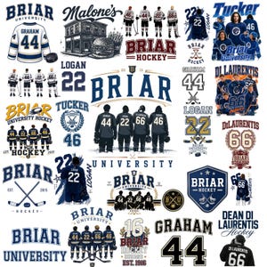 Peut inclure: Une collection de motifs graphiques sur le thème du hockey de l'université Briar, incluant des maillots numérotés 22, 44, 46 et 66, des joueurs en uniforme, des crosses de hockey croisées, des palets et le texte Briar University, Logan, Graham, Tucker et Di Laurentis.