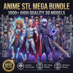 May include: An advertisement for an "ANIME STL MEGA BUNDLE" with the text "1000+ HIGH QUALITY 3D MODELS." The image shows various anime characters and icons for instant download, STL files ready, and 3D print ready.