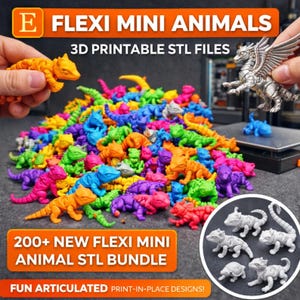 May include: A vibrant display of 3D-printed Flexi Mini Animals in various colors, including orange, blue, green, and purple. The image showcases a collection of articulated animal designs, with the text "FLEXI MINI ANIMALS" and "3D PRINTABLE STL FILES". The bundle includes over 200 designs.