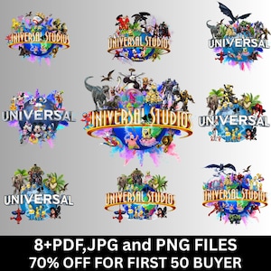 May include: Nine colorful Universal Studios logos featuring various characters from movies and television shows. The logos are set against a globe with a splash of color. Text at the bottom reads "8+PDF, JPG and PNG FILES 70% OFF FOR FIRST 50 BUYER."