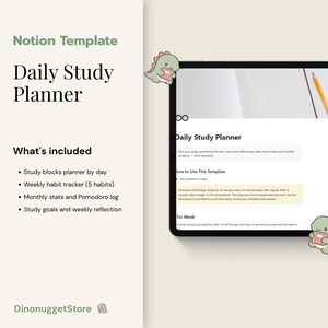 Könnte beinhalten: Eine digitale Notion-Vorlage für einen täglichen Studienplaner. Die Vorlage enthält Studienblöcke, einen wöchentlichen Gewohnheitstracker, monatliche Statistiken, ein Pomodoro-Protokoll und Lernziele. Das Bild zeigt auch eine niedliche Dinosaurier-Grafik.