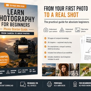 Könnte beinhalten: Ein Fotografie-Leitfaden für Anfänger mit dem Titel "Learn Photography for Beginners". Das Cover zeigt eine DSLR-Kamera auf einem Stativ mit einer Landschaft im Hintergrund. Der Leitfaden bietet 26 Kapitel und Tipps zum Workflow.